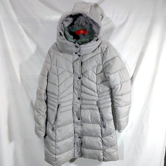 London Fog Jackets & Blazers - London Fog Faux Fur Collar Long Puffer Coat-Pearl Grey-M-New without Tags
